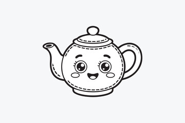 Kawaii Teapot with Smiling Face Cute Black and White Line Art Vector Illustration Isolated on White