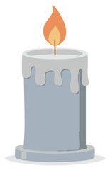Decorative Lit Candle with Wax Drips in Light Gray Hue, Isolated on a Plain Background