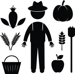 Collection of farm harvest and farmer silhouette icons isolated on white background isolated on transparent background