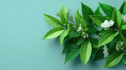 Fototapeta premium Lush green leaves with delicate white blossoms cascade across a serene light blue background, creating a fresh and tranquil botanical arrangement for design.