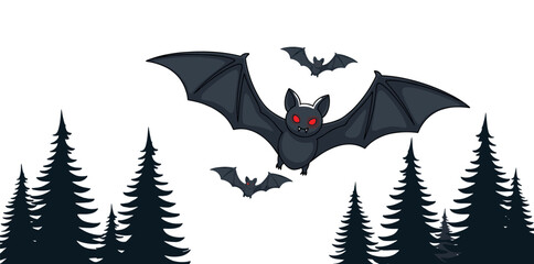 Flying bats over dark forest, glowing red eyes, spooky Halloween illustration, cartoon horror scene, eerie night atmosphere, conifer silhouette design