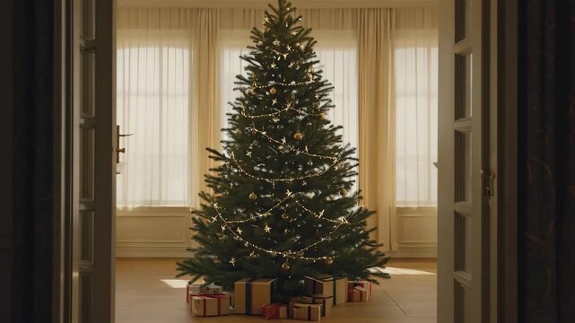 A beautifully decorated Christmas tree stands in the center of a warmly lit room, adorned with string lights and ornaments, with neatly wrapped presents arranged underneath