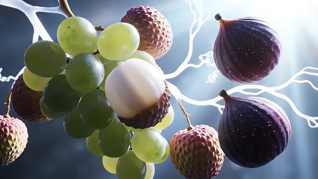 glowing molecular fruit connections fresh green grapes lychees figs on abstract background for healthy food science.