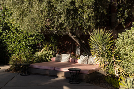 Pink sun loungers or day beds with mid century modern design fabric on pillows in late afternoon with sun glare and shadows at a resort or villa or luxury home 