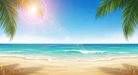 Tropical beach paradise with palm trees and sunny sky
