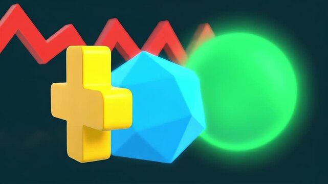 3d render yellow plus blue crystal green orb and red graph symbolizing financial growth data analytics and digital business strategy.