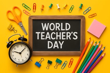World Teachers' Day Chalkboard with School Supplies on Bright Yellow Background