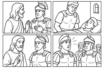 Obraz premium Centurion's faith story in illustrated panels for religious education