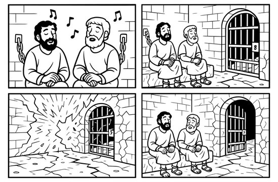 Paul and silas' miracle story in prison comic style art for faith-based education and inspiration