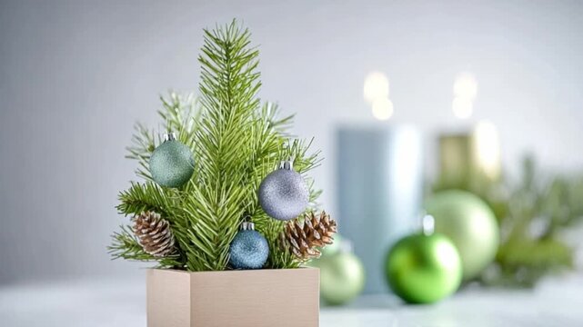 Festive Elegance: A charming miniature Christmas tree adorned with ornaments and pinecones is nestled in a stylish pot, illuminated by the gentle glow of candles.