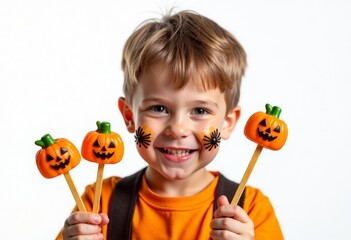 A child with a painted face for Halloween holds cake pops in the form of Halloween pumpkins, ghosts, and bats