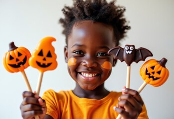 An African American child with Halloween face paint holds cake pops with images of Halloween pumpkins, ghosts, and bats