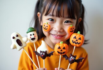 An Asian child - a girl with a painted face for Halloween holds cake pops in the form of Halloween pumpkins, ghosts, and bats