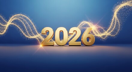 Golden 2026 numbers illuminated by sparkling light waves on a blue background
