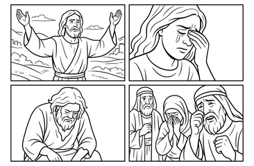 Emotional fasting journey in four comic panels for spiritual reflection and meditation