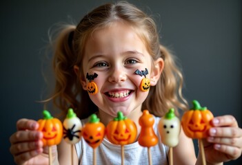A child - a girl with a painted face for Halloween - holds cake pops in her hands in the form of images of Halloween pumpkins, ghosts, and bats