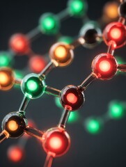 Colorful Molecular Structure Displaying Interconnected Atoms With Glowing Orbs in Vibrant Colors, Showcasing a Scientific Concept of Chemistry