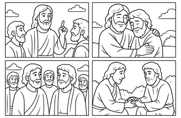 Inspirational comic style love commandments for kids coloring book page design