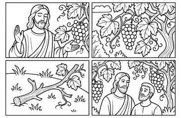 Biblical comic panels with jesus discussing parable of the vine and branches in simple composition for faith-based designs