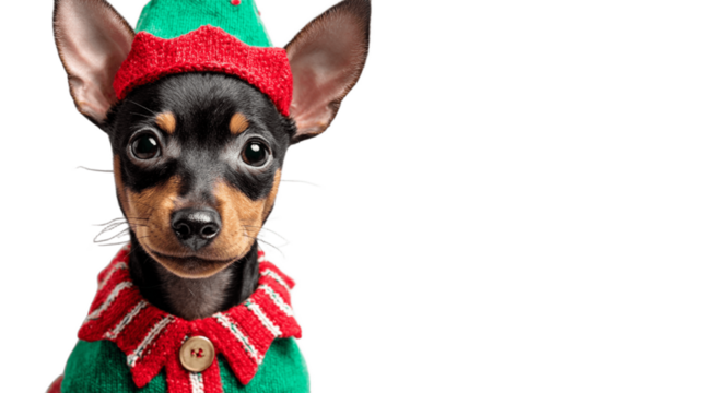 A miniature pinscher puppy wearing a christmas elf costume with a hat and a red and green sweater, Generative AI