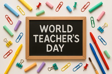 World Teachers' Day Chalkboard with White Text and Colorful School Supplies