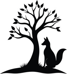 A black silhouette of a fox sitting under a stylized tree with leaves isolated on white background isolated on transparent background
