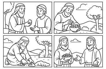 Parable of talents biblical story in simple comic style for educational use