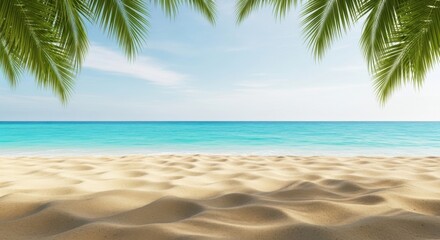 Obraz premium Tropical beach paradise with palm fronds and turquoise water