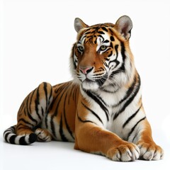 Obraz premium A tiger is laying down on a white background