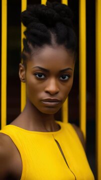 A woman with a confident expression and natural hair styled in Bantu knots. She is wearing a sleeveless yellow dress with a textured pattern.