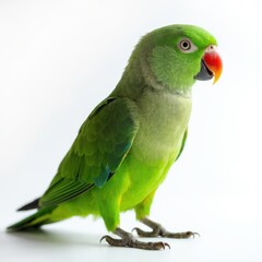 A green parrot is standing on a white background