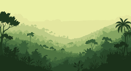 Obraz premium Explore the lush green tropical rainforest landscape with layered hills and silhouetted trees in misty jungle scenery