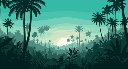 Explore a serene tropical paradise with lush vegetation and towering palm trees silhouetted against a tranquil, sun-kissed skyline