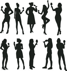 vector silhouettes of drinking woman set