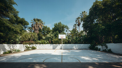 Ultra HD Empty basketball court surrounded by trees on a sunny day image