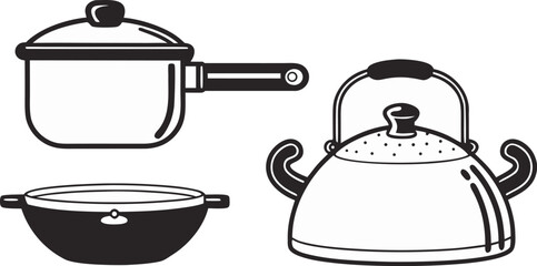 kitchenware vector icon set pot pan lid teapot