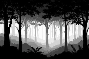 Eerie monochrome forest landscape with distant fog, perfect for suspenseful book covers or mysterious website backgrounds