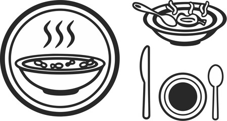 simple vector icons of soup bowl with steam spoon
