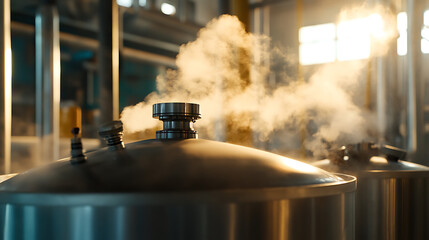 Steam rises from large, industrial metal tanks, creating a hazy atmosphere inside a processing facility. Heavy equipment and sunlight through windows.