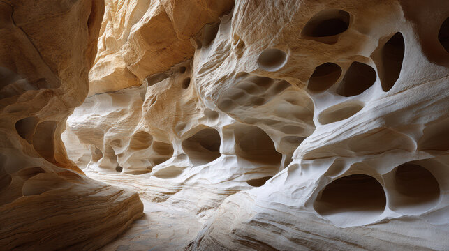 The intricate patterns of erosion create a surreal tunnel within the sandstone formations, sculpted by wind and water over centuries in a desert landscape.
