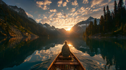 Ultra HD Person in canoe on lake at sunrise in mountains with reflection in water image
