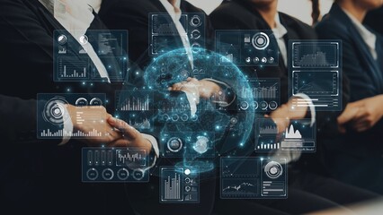 A group of business professionals engaged in data analysis using digital graphs and charts. This modern office scene highlights teamwork, strategic planning, and innovative insight sharing. Raster