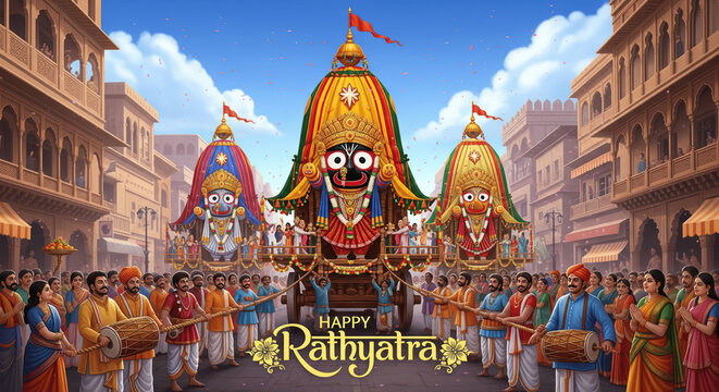 Grand Jagannath Rath Yatra Festival in Puri India with Colorful Chariots and Devotee Crowd cartoon style. Happy wath yatra at street area. Hindu, lord krishn, krishna. 