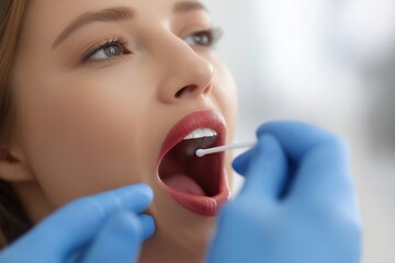 Doctor Taking a Saliva or DNA Sample from a Woman's Mouth