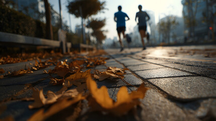 Ultra HD Two runners running on sidewalk with autumn leaves on the ground image