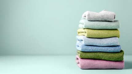 Stunning photo of stack of folded colorful towels on a light green background with copy space.