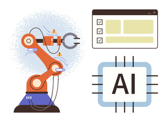 Robotic arm operating with AI integration, process control panel, and AI chip. Ideal for automation, robotics, artificial intelligence, machine learning, industrial tech, innovation smart systems