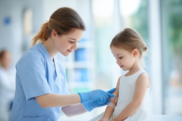 Female Nurse Putting a Bandage on a Little Girl's Arm After a Shot