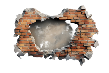 Realistic broken wall shows depth and texture with exposed bricks and rough edges for dramatic effect in a seamless design