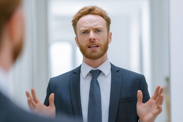 Confident Businessman in a Suit Practicing a Speech in the Mirror
